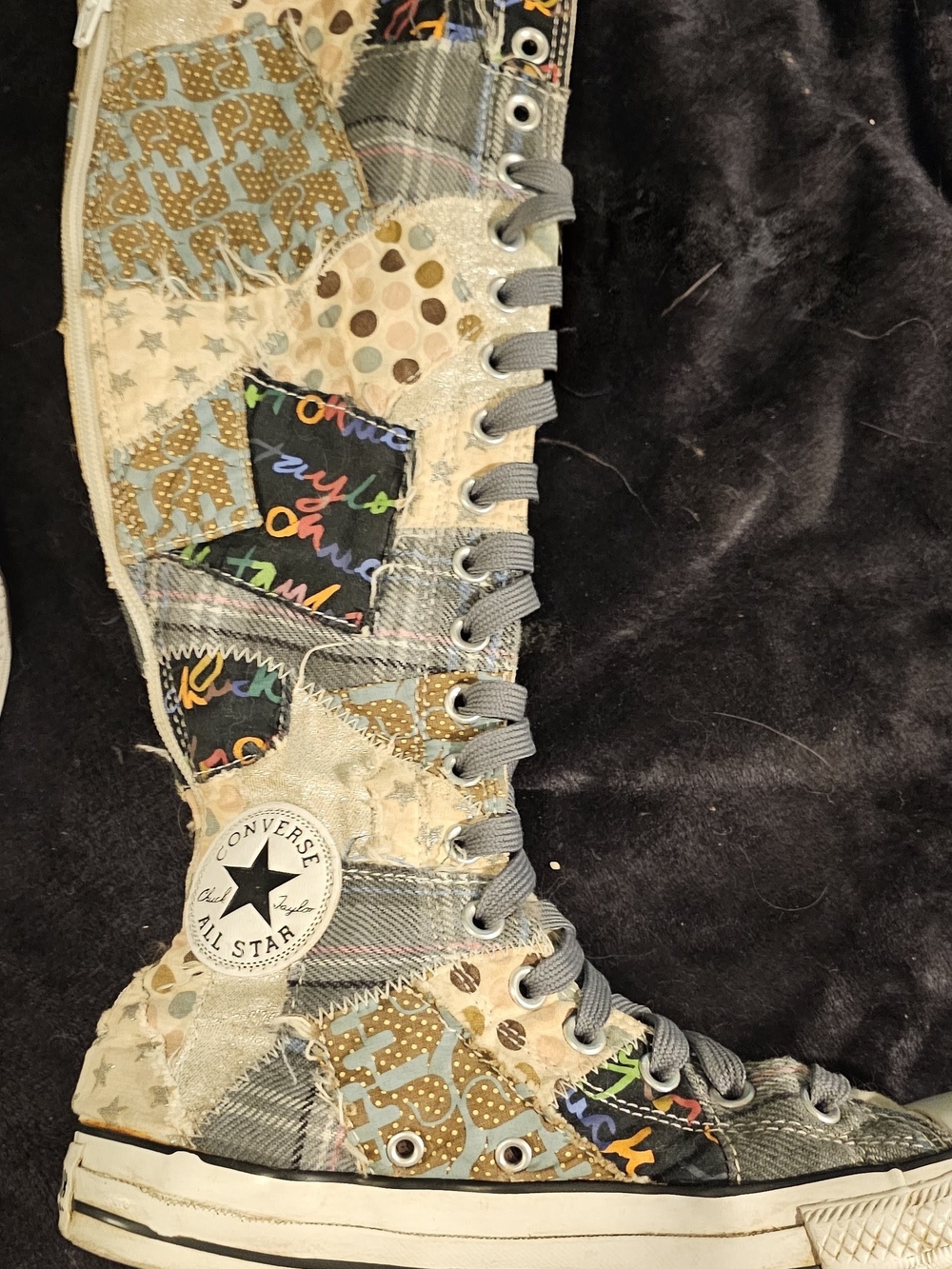 Converse Patchwork High-Top Sneakers in Cream, Black, Brown & Blue - Picture 2 of 2